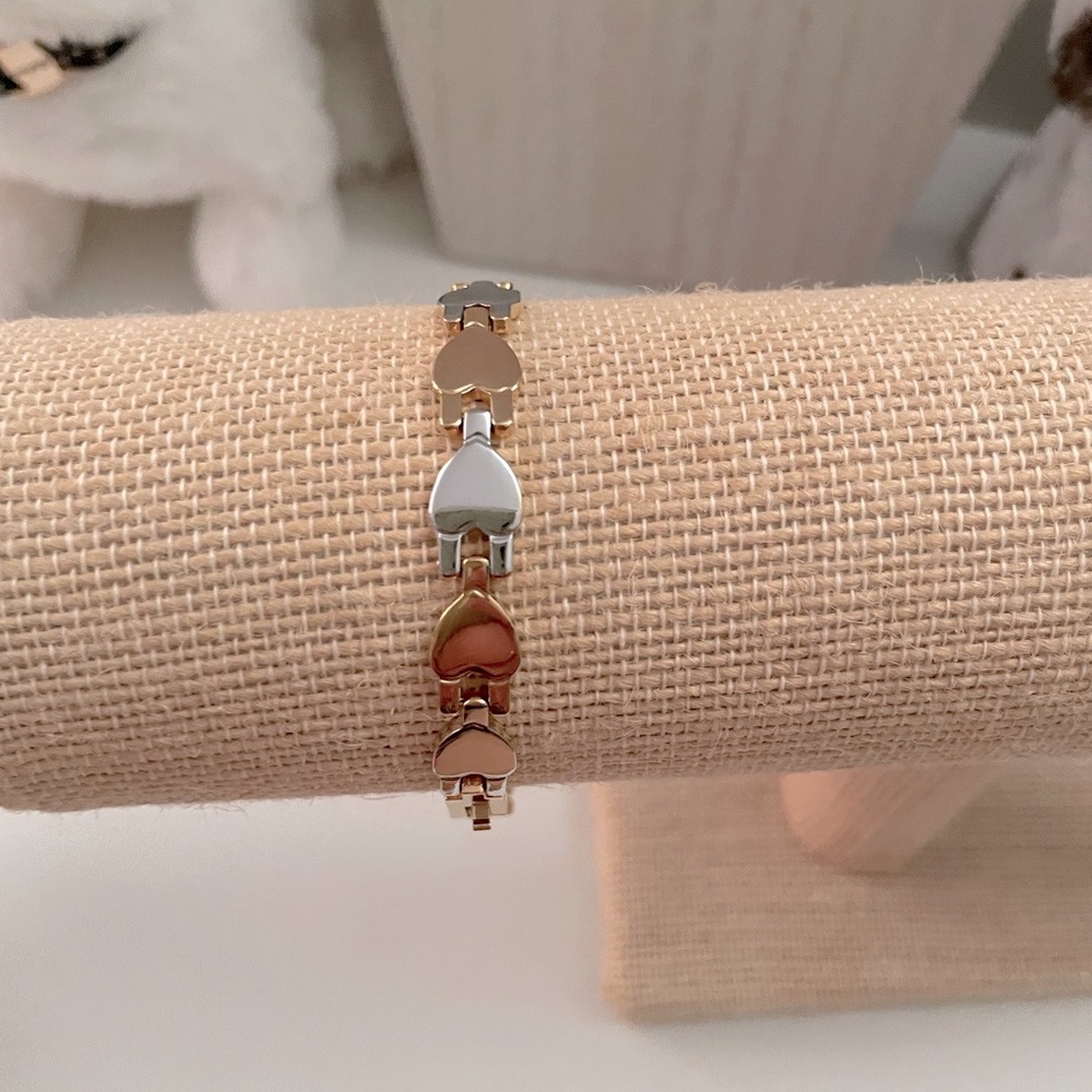 Heart Charm Bracelet in Gold, Silver, and Brown